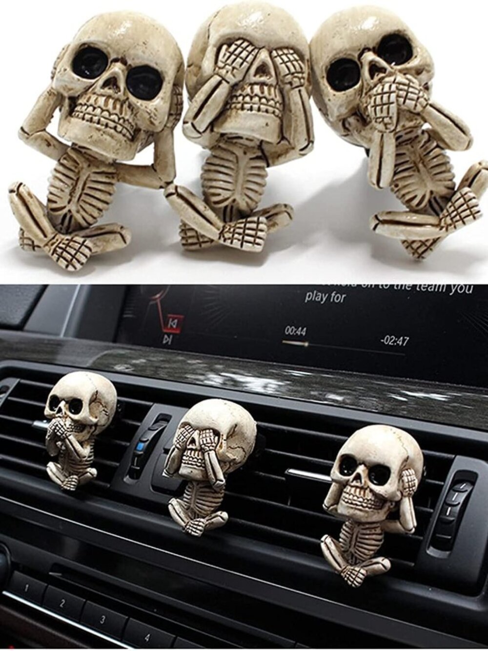 Gothic Car Truck Air Vent‎ Clips Decor See, Hear, speak no evil skeleton Set